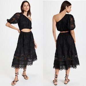 NWT Waimari Jade Midi Dress M Black One Puff Shoulder Sheer Cutout Eyelet Lace